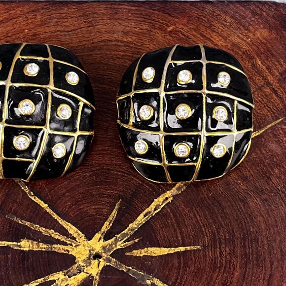 90s Large Black Enamel and Gold Clip On Earring Womens Vintage Statement Jewelry - Picture 9 of 10